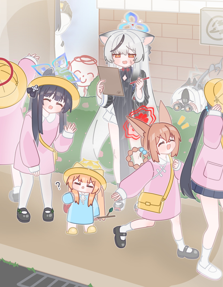 6+girls ? absurdres backpack bag binoculars black_dress black_hair black_horns black_shoes blue_archive blue_dress blue_halo blunt_bangs braid braided_hair_rings chibi clipboard closed_eyes commentary_request doodle_sensei_(blue_archive) dress grey_hair grey_halo hair_bobbles hair_ornament hair_rings halo hat highres holding holding_binoculars holding_clipboard horns horuhara kayoko_(blue_archive) kindergarten_uniform kisaki_(blue_archive) kisaki_(kindergarten_uniform)_(blue_archive) kokona_(blue_archive) korean_commentary long_hair long_sleeves mari_(blue_archive) multicolored_hair multiple_girls neck_ribbon no_nose open_mouth orange_hair pink_dress pleated_skirt red_halo ribbon rumi_(blue_archive) rumi_(small)_(blue_archive) sailor_collar school_hat sensei_(blue_archive) shoes shun_(blue_archive) skirt sleeves_past_wrists slippers socks standing streaked_hair sweatdrop tongue tongue_out twig twintails v-shaped_eyebrows very_long_hair white_ribbon white_sailor_collar white_socks yellow_halo yellow_hat yellow_slippers