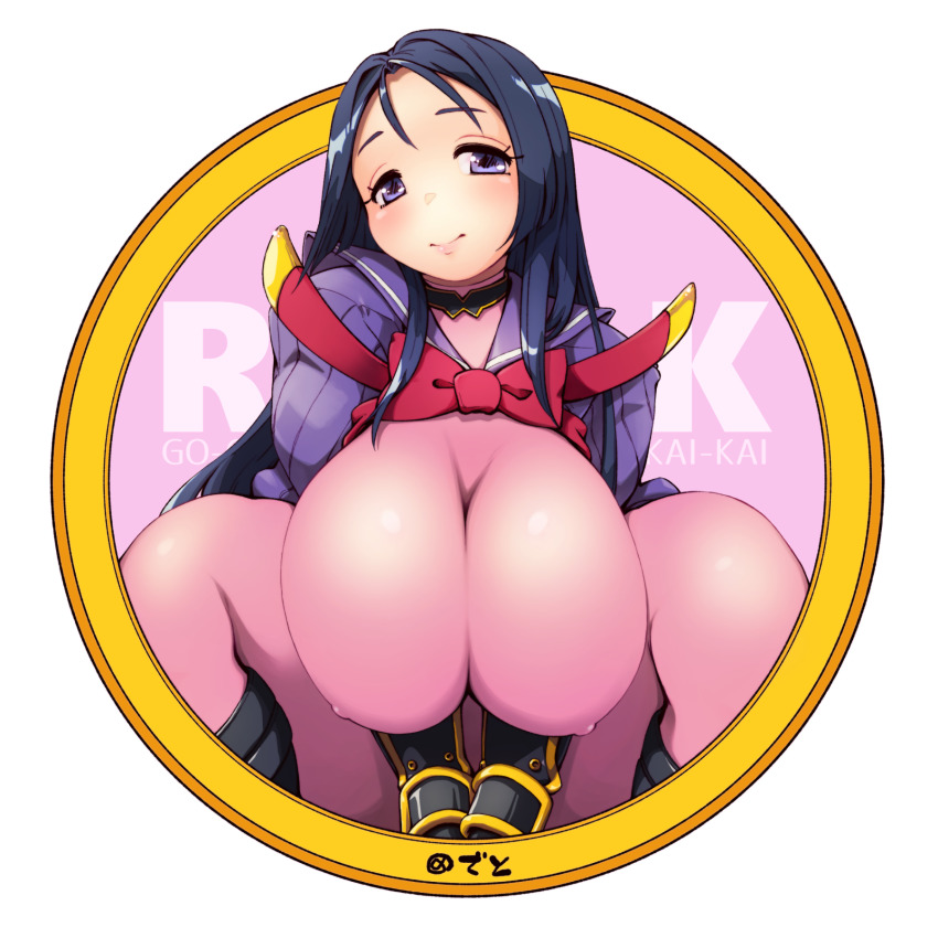 1girl armor blue_hair bodysuit bow breasts closed_mouth covered_erect_nipples dark_blue_hair deto fate/grand_order fate_(series) female_focus highres huge_breasts japanese_armor long_hair looking_at_viewer minamoto_no_raikou_(fate) pink_bodysuit pink_bow purple_eyes simple_background skin_tight smile solo white_background