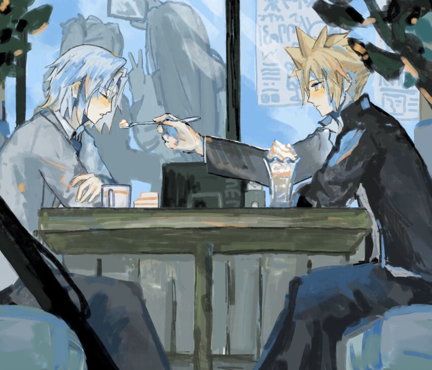 2boys aerith_gainsborough blonde_hair blue_eyes blush closed_eyes cloud_strife cloud_strife_(midgard_seventh_high_school) commentary_request feeding final_fantasy final_fantasy_vii final_fantasy_vii_ever_crisis food grey_hair highres holding holding_spoon incoming_food kv9g7 long_sleeves looking_at_another male_focus multiple_boys open_mouth selfie sephiroth sephiroth_(ever_crisis) sephiroth_(shinra_private_academy) short_hair sitting spiked_hair spoon table taking_picture tifa_lockhart whipped_cream yaoi