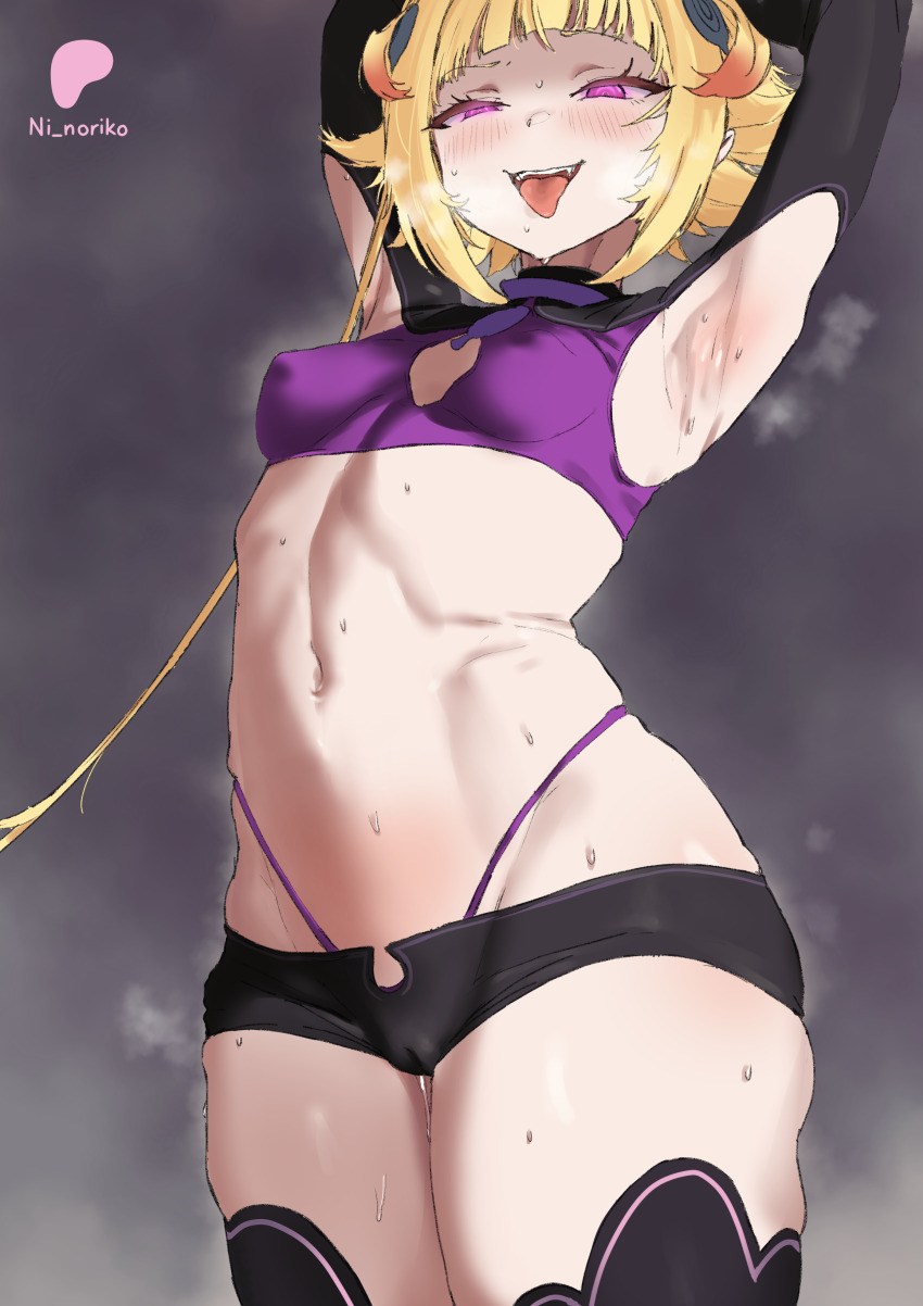1girl absurdres armpits arms_up black_shorts black_thighhighs blonde_hair breasts cameltoe capella_emerada_lugnica commentary covered_erect_nipples cowboy_shot highres looking_at_viewer navel noriko_(ni_noriko) paid_reward_available panties panties_under_shorts purple_eyes purple_panties purple_shirt re:zero_kara_hajimeru_isekai_seikatsu shirt short_hair shorts shrug_(clothing) sleeveless sleeveless_shirt small_breasts solo teeth thighhighs tongue tongue_out underwear upper_teeth_only variant_set