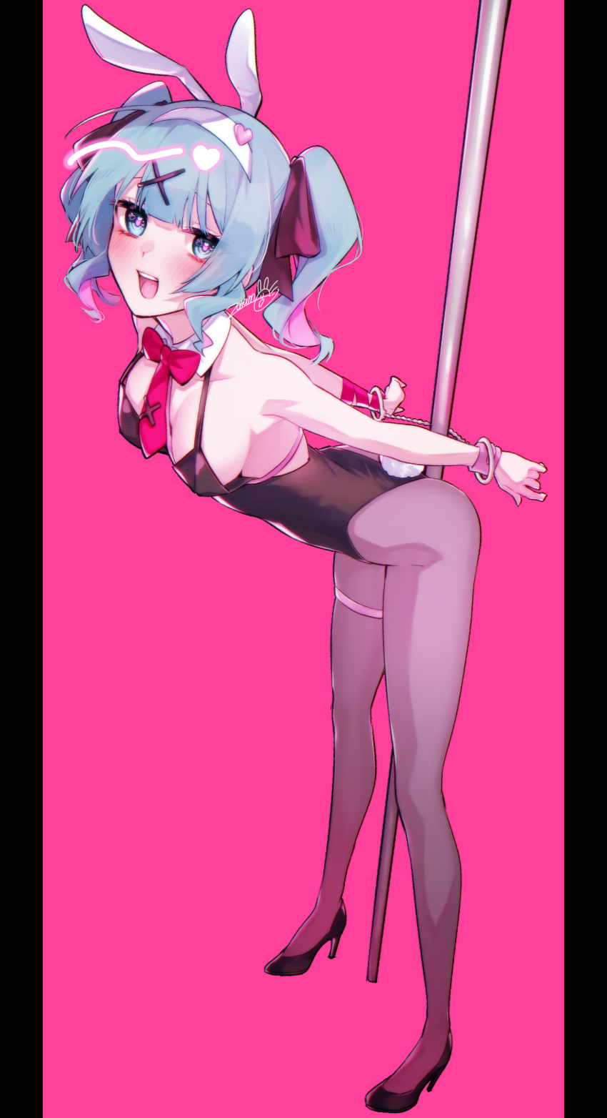 1girl absurdres animal_ears arms_behind_back black_leotard black_shoes blue_eyes blue_hair bow breasts brown_pantyhose commentary_request cuffs detached_collar fake_animal_ears fake_tail full_body hairband handcuffs hatsune_miku heart high_heels highres leaning_forward leotard looking_at_viewer medium_breasts necktie open_mouth pantyhose pillarboxed pink_bow pink_necktie playboy_bunny rabbit_ears rabbit_hole_(vocaloid) rabbit_tail restrained shoes simple_background smile solo standing tail two_side_up vocaloid white_hairband zaramekypp