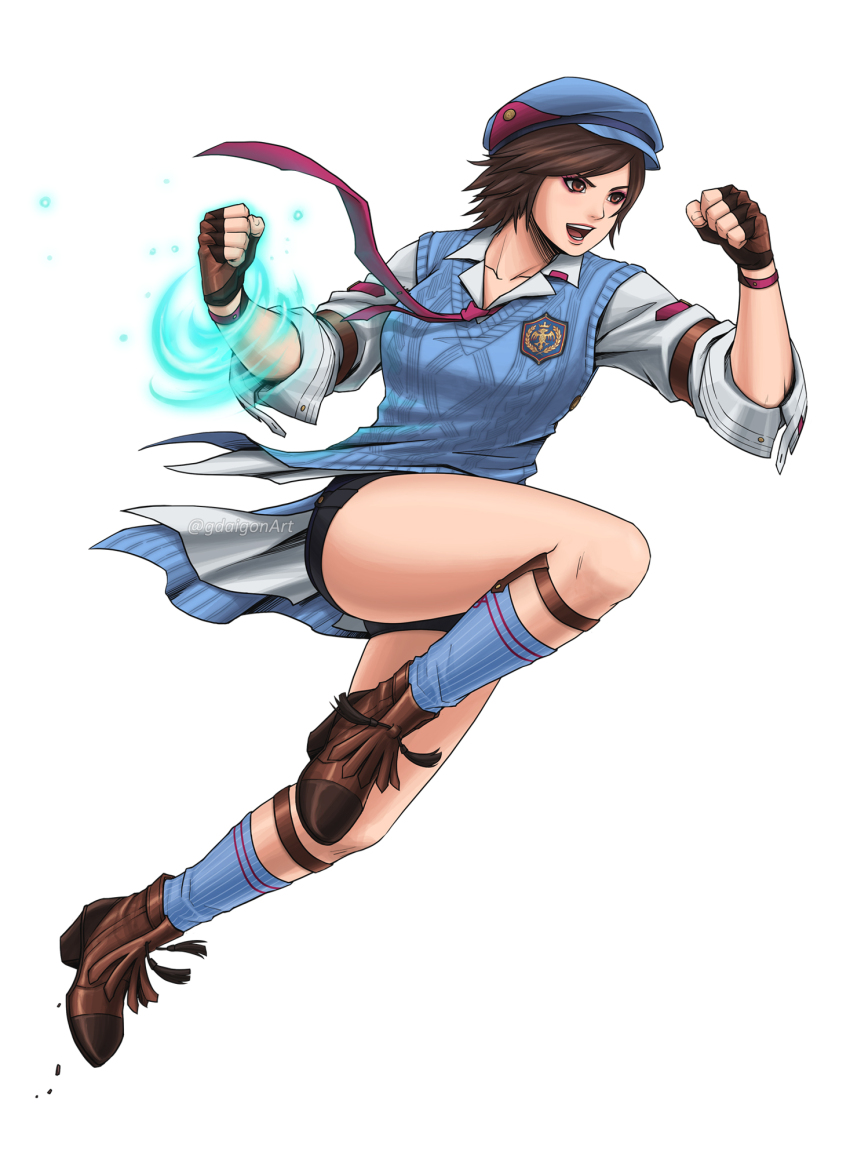 1girl artist_name blue_hat blue_shorts blue_sweater blue_vest breasts brown_eyes brown_footwear brown_hair buttons cabbie_hat collarbone collared_shirt emblem female_focus fingerless_gloves gdaigonart gloves hat kazama_asuka large_breasts matching_hair/eyes namco necktie parted_hair red_necktie school_uniform shirt short_hair shorts solo sweater tekken tekken_8 vest white_background