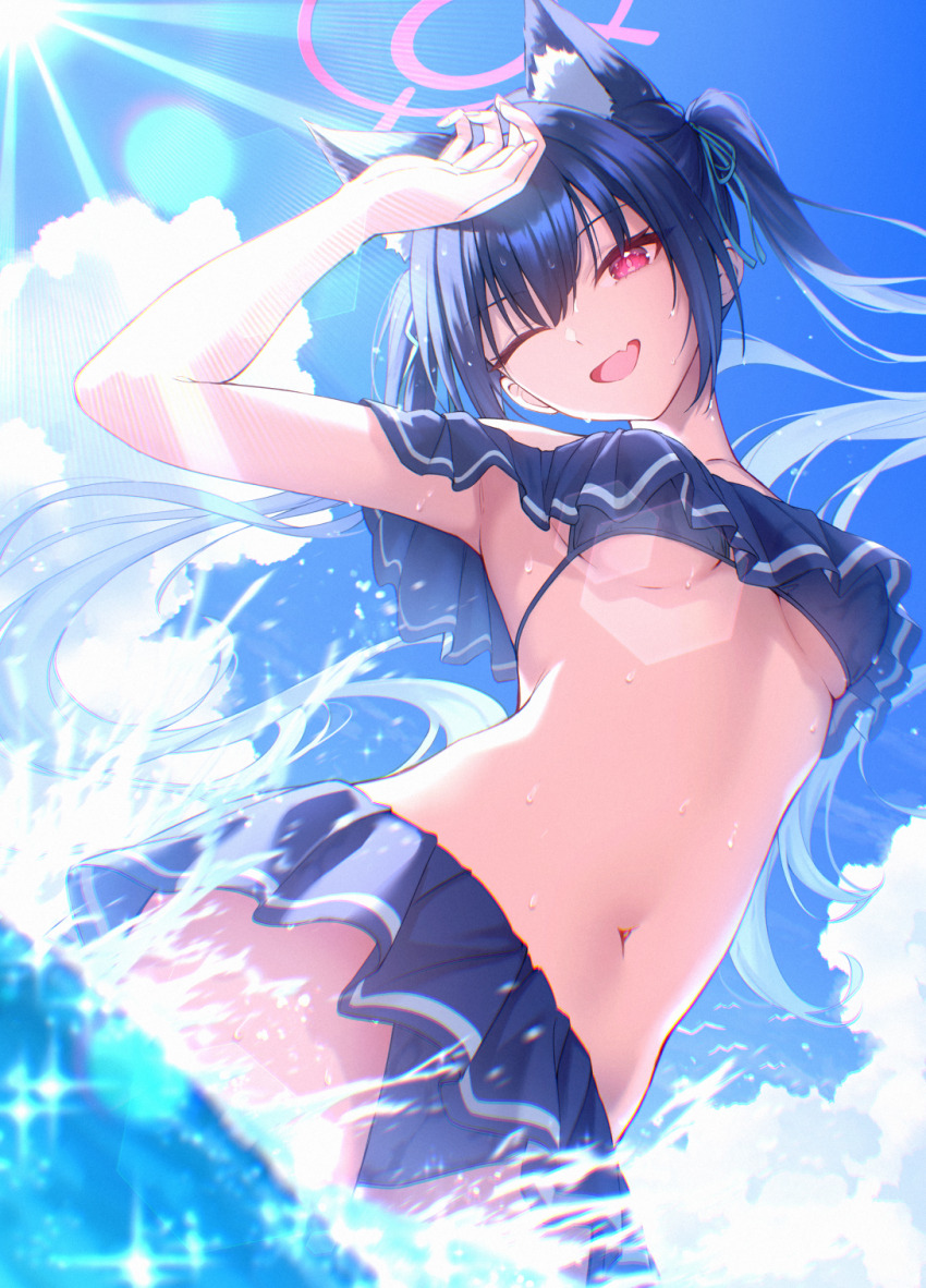 1girl animal_ear_fluff animal_ears anjaku112 bikini black_bikini black_hair blue_archive blue_sky blush breasts cameltoe cat_ears cloud extra_ears frilled_bikini frills halo highres long_hair looking_at_viewer navel off-shoulder_bikini off_shoulder official_alternate_costume one_eye_closed open_mouth pink_halo red_eyes red_halo ribbon serika_(blue_archive) serika_(swimsuit)_(blue_archive) sky solo splashing stomach swimsuit twintails underboob wet