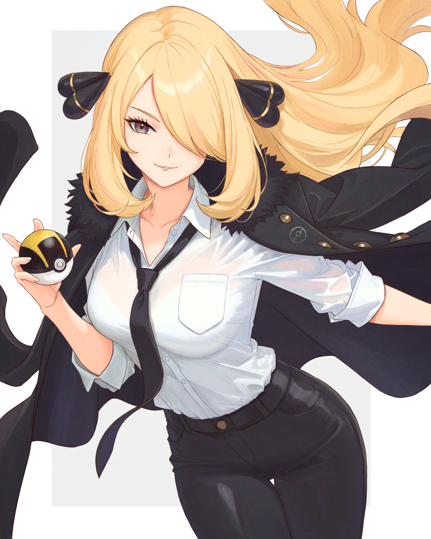 1girl absurdres alternate_costume black_jacket black_necktie black_pants breasts closed_mouth collared_shirt cynthia_(pokemon) floating_hair fur-trimmed_jacket fur_trim grey_eyes hair_ornament highres holding holding_poke_ball jacket jacket_on_shoulders long_hair medium_breasts necktie nintendo office_lady pants poke_ball pokemon pokemon_dppt revision shirt smile solo truejekart ultra_ball very_long_hair white_shirt