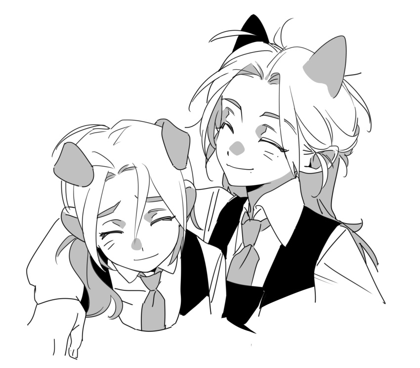 2girls animal_ears arm_around_shoulder chinese_commentary closed_eyes collared_shirt commentary dog_ears friendly_rivalry greyscale highres kemonomimi_mode long_hair mole mole_under_eye mole_under_mouth molu_stranger monochrome multiple_girls necktie shirt smile vest woo_seul-gi yoo_je-i