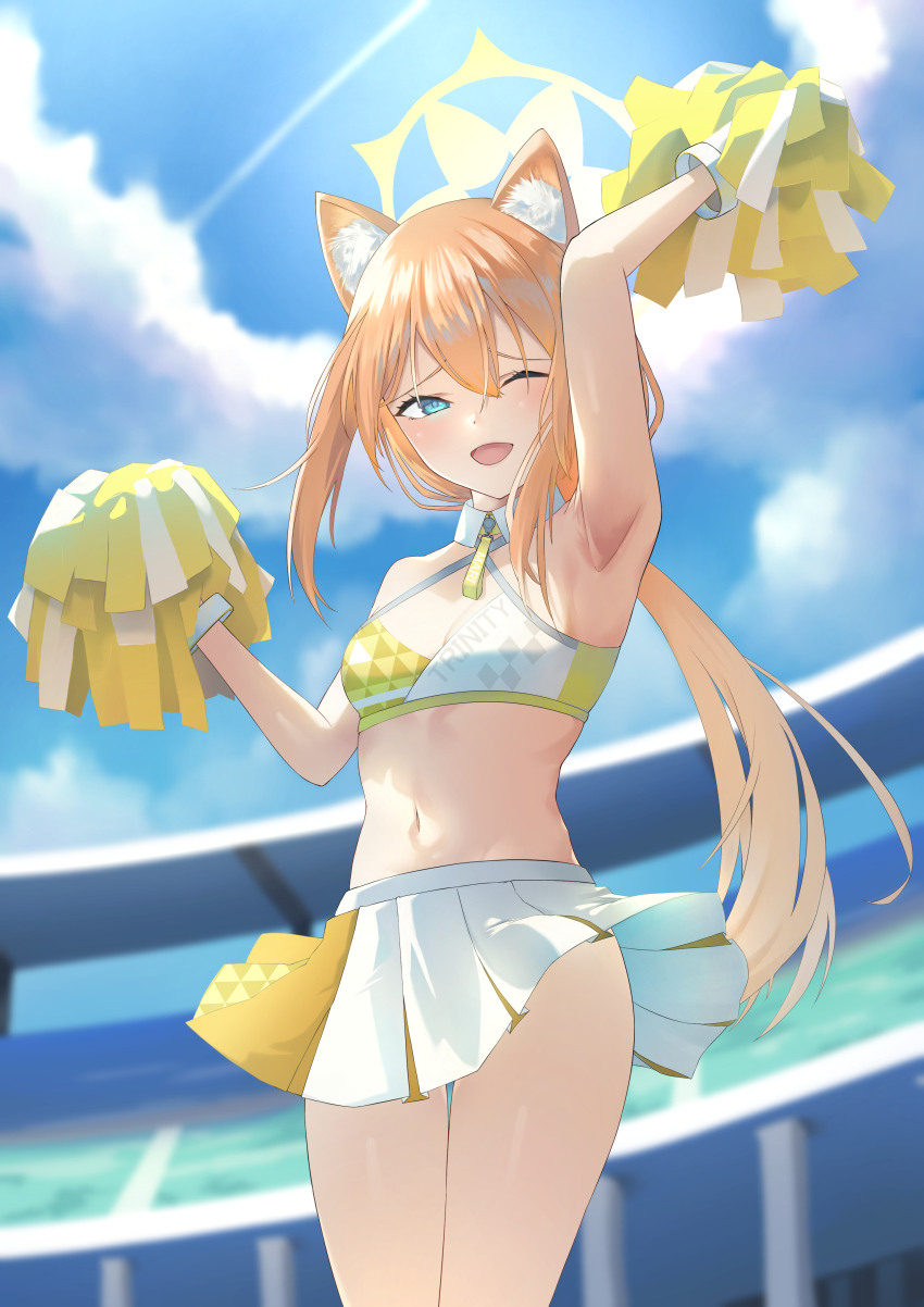 1girl absurdres animal_ear_fluff animal_ears armpits blue_archive blue_eyes blue_sky breasts cat_ears cat_girl hair_between_eyes halo hand_up highres holding holding_pom_poms long_hair mari_(blue_archive) medium_breasts miniskirt mugitya0822 navel one_eye_closed open_mouth pom_pom_(cheerleading) pom_poms skirt sky smile solo standing very_long_hair yellow_halo