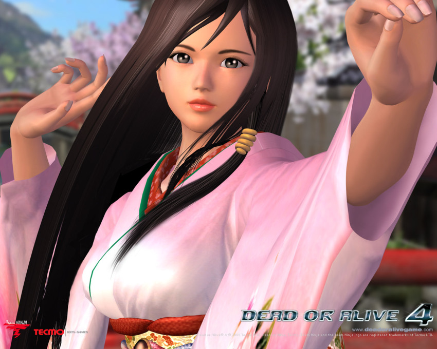 1girl 3d black_hair copyright_name dead_or_alive dead_or_alive_4 female_focus grey_eyes japanese_clothes kimono kokoro_(doa) lipstick long_hair makeup official_art official_wallpaper outdoors sky solo tecmo