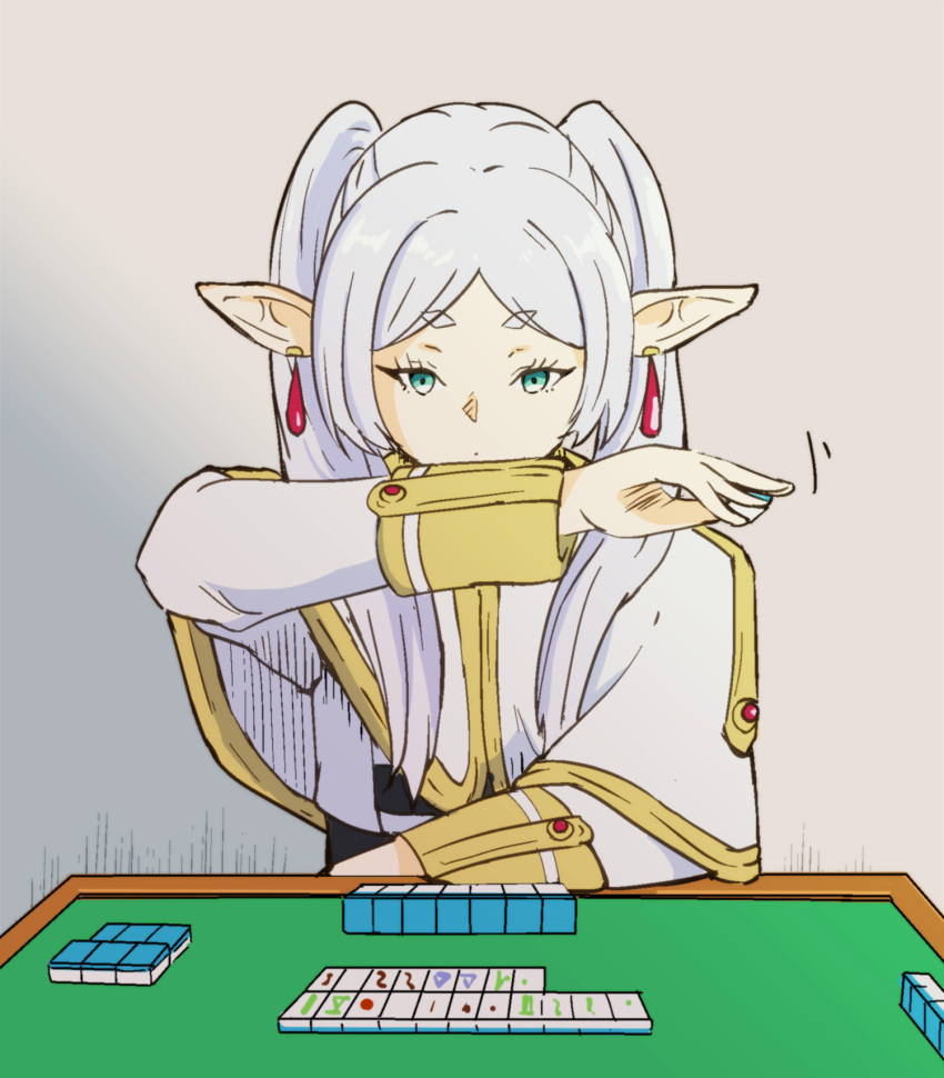 1girl alone_comic arm_rest capelet commentary_request earrings elf frieren green_eyes highres holding holding_mahjong_tile jewelry long_hair looking_at_object mahjong mahjong_tile parted_bangs pointy_ears shirt simple_background solo sousou_no_frieren striped_clothes striped_shirt twintails white_capelet white_hair