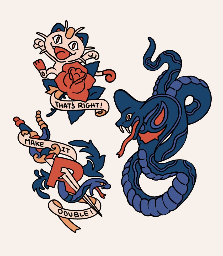 &lt;|&gt;_&lt;|&gt; absurdres arbok arms_up brown_eyes cobra_(animal) coin colored_sclera commentary curled_tail dagger ekans english_commentary english_text fangs flower game_freak gen_1_pokemon highres knife leaf meowth nintendo no_humans open_mouth pokemon pokemon_(creature) rattlesnake red_eyes red_flower red_rose rose sabling scales simple_background snake tattoo team_rocket tongue tongue_out weapon white_background yellow_sclera
