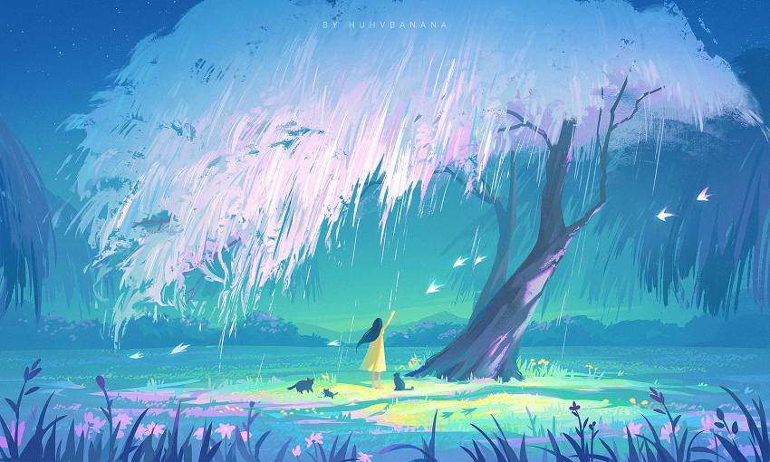 1girl animal arm_up artist_name bird black_hair cat dress field flower grass highres huhv. long_hair nature night original outdoors scenery sky solo standing star_(sky) starry_sky tree under_tree very_wide_shot wide_shot yellow_dress