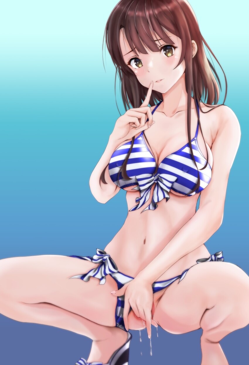 1girl absurdres asymmetrical_bangs bikini bikini_bottom_aside blue_background bow bow_bikini breasts brown_hair cleavage clothing_aside collarbone commentary_request feet_out_of_frame female_masturbation finger_to_mouth fingering gradient_background highres katou_megumi masturbation medium_breasts medium_hair navel parted_lips pussy pussy_juice pussy_juice_on_fingers ritsumama_2013 saenai_heroine_no_sodatekata solo squatting striped_bikini striped_clothes swimsuit wedge_heels yellow_eyes