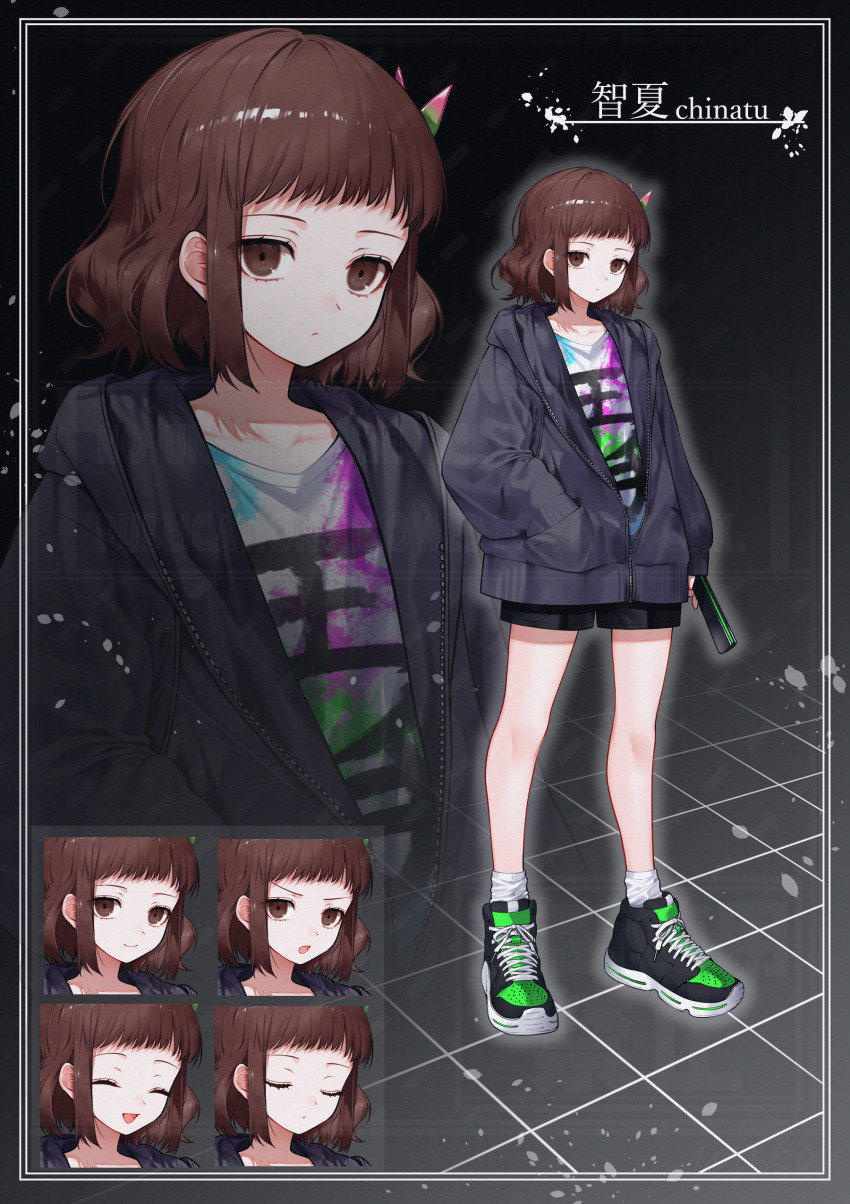 1girl :d :o absurdres black_jacket black_shoes black_shorts brown_eyes brown_hair closed_eyes green_shoes hair_ornament hand_in_pocket highres jacket looking_at_viewer multiple_views open_mouth original partially_unzipped shoes short_hair shorts smile sneakers standing translation_request waka_(shark_waka)