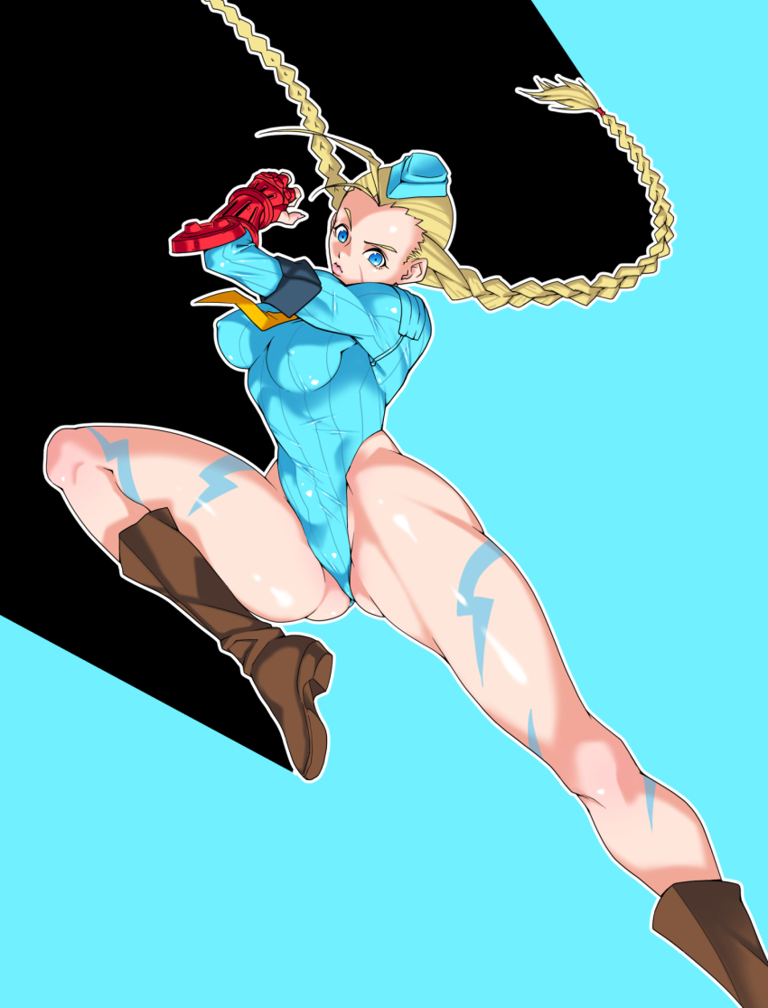 1girl ass blonde_hair blue_eyes blue_leotard boots braid cammy_white curvy fingerless_gloves gloves hat highleg highleg_leotard highres leotard lips long_hair long_sleeves muscular_legs necktie scar scar_on_face shiny_skin street_fighter street_fighter_zero_(series) thong_leotard twin_braids very_long_hair wide_hips ya_zatta
