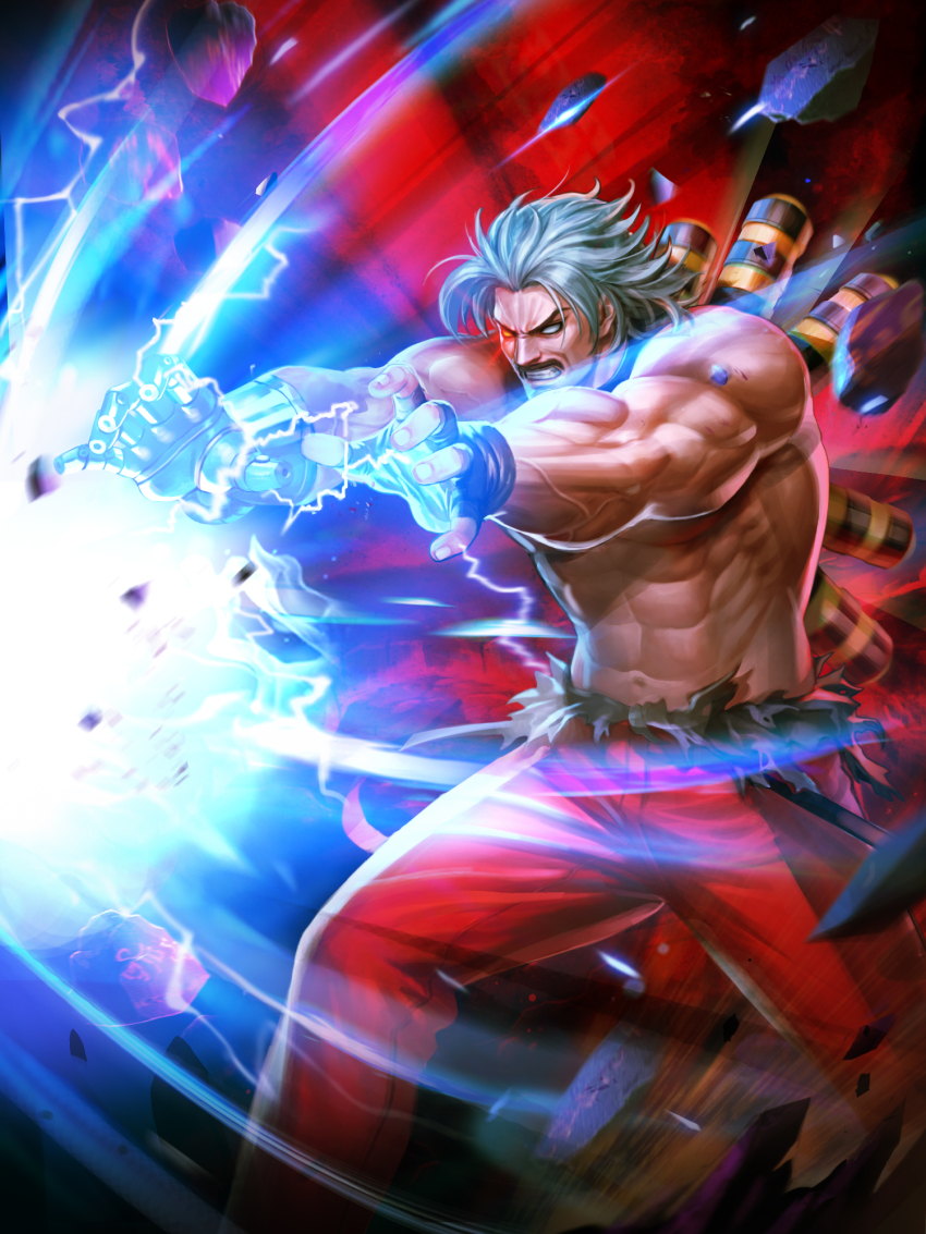 abs bare_pectorals biceps chest_harness cyborg from_side glowing glowing_eye harness heterochromia highres kaiser_wave male_focus manly mechanical_arms mechabare muscular muscular_male official_art omega_rugal open_hands pants pectorals prosthesis red_pants rugal_bernstein single_mechanical_arm snk solo suspenders suspenders_slip the_king_of_fighters the_king_of_fighters_&#039;95 the_king_of_fighters_all-stars toned toned_male white_hair