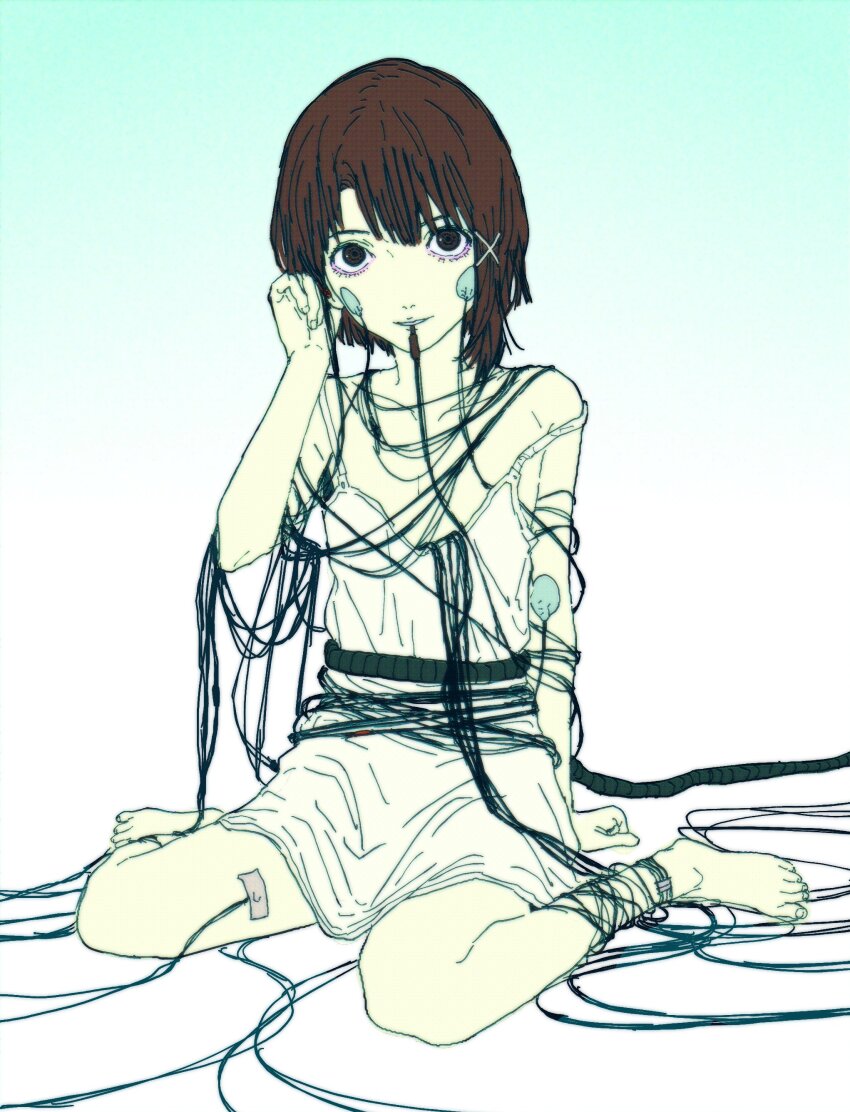 1girl absurdres arm_support barefoot black_eyes brown_hair cable cable_in_mouth commentary dress electrodes flat_chest full_body gradient_background green_background hand_up hashtag-only_commentary highres iwakura_lain looking_at_viewer mdch48 serial_experiments_lain short_dress short_hair sitting sleeveless sleeveless_dress smile solo strap_slip tangled_cord tucking_hair wariza white_dress