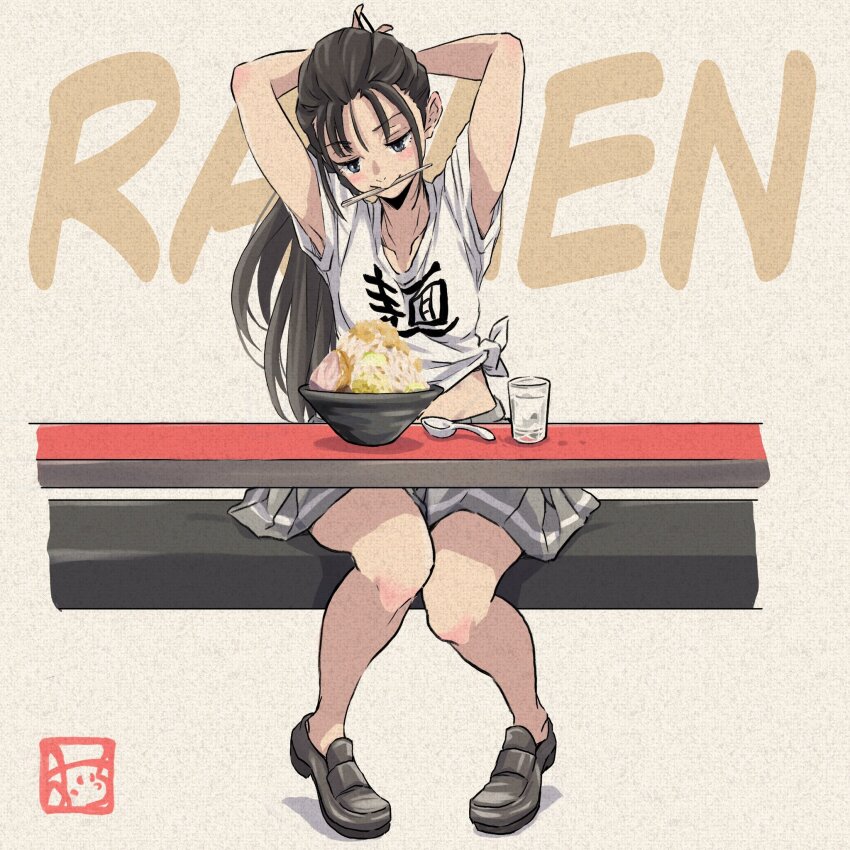 1girl arms_behind_head black_hair bowl cup food hairdressing highres noodles oicchikun original ramen shirt sitting skirt spoon white_shirt