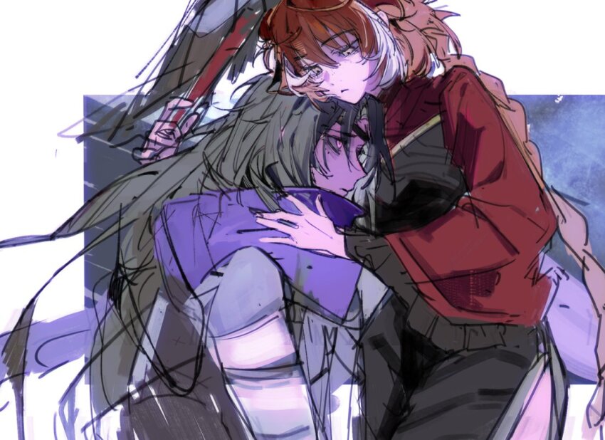 2girls black_dress braid brown_hair closed_mouth cowboy_shot dress family_hierarch_candidate_(identity)_(project_moon) female folding_fan frilled_sleeves frills hand_fan heishou_pack-si_branch_(identity)_(project_moon) holding holding_fan ishmael_(project_moon) jingshenhuanghu limbus_company long_hair long_sleeves low_twin_braids mole mole_under_eye multicolored_hair multiple_girls orange_hair parted_bangs project_moon purple_eyes purple_scarf red_shrug rodion_(project_moon) scarf side_slit streaked_hair twin_braids upper_body very_long_hair