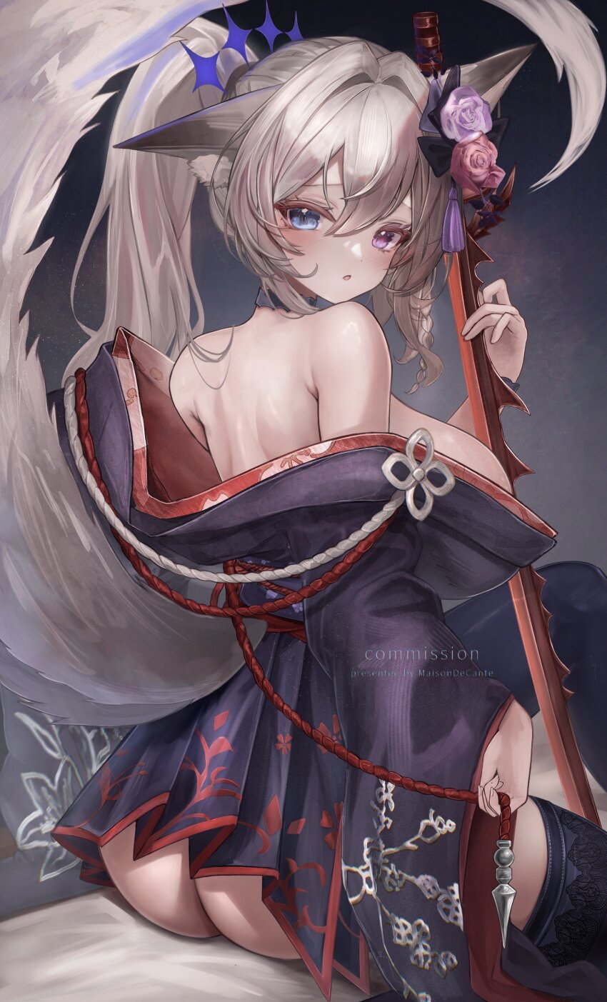 1girl absurdres animal_ear_fluff animal_ears ass bare_shoulders black_bow black_choker black_kimono black_thighhighs blue_eyes blue_hair bow breasts character_request choker clothing_cutout commission copyright_request flower grey_hair hair_bow hair_flower hair_intakes hair_ornament heterochromia highres holding holding_sword holding_weapon japanese_clothes katana kimono long_hair maison_de_cante multicolored_hair pink_eyes pink_hair ponytail purple_flower purple_rose red_flower red_rose rose sitting skeb_commission solo streaked_hair sword tail tail_through_clothes tassel tassel_hair_ornament thighhighs weapon