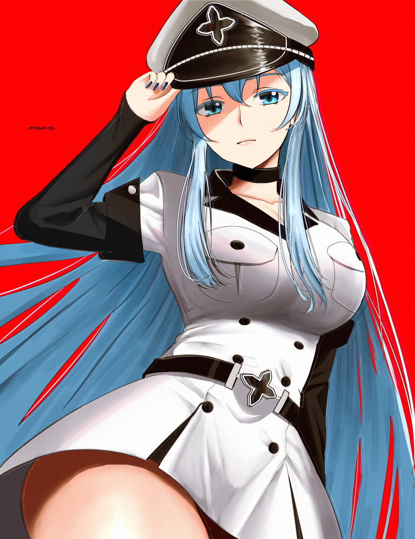 1girl absurdres adjusting_clothes adjusting_headwear akame_ga_kill! black_choker black_nails blue_eyes blue_hair breasts choker closed_mouth cowboy_shot esdeath hat highres jacket lapels large_breasts long_hair long_sleeves looking_at_viewer mymzi notched_lapels peaked_cap red_background solo white_jacket