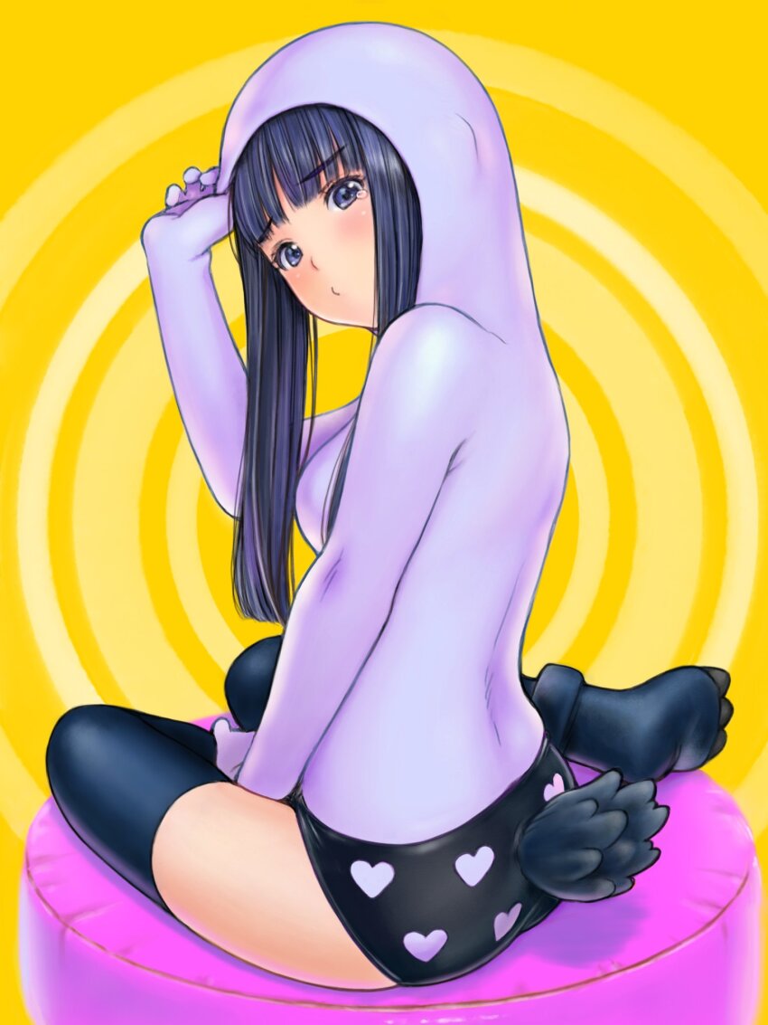 1girl arm_up ass between_legs black_hair black_thighhighs blunt_bangs breasts clothing_cutout commentary_request cosplay fall_guy fall_guy_(cosplay) fall_guys gems_company hand_between_legs hase_mikoto heart heart_cutout highres hood hood_up long_hair looking_at_viewer looking_back medium_breasts panties pink_eyes pink_panties sitting solo tail tearing_up thighhighs underwear virtual_youtuber yokozuwari yug_(ekaki)