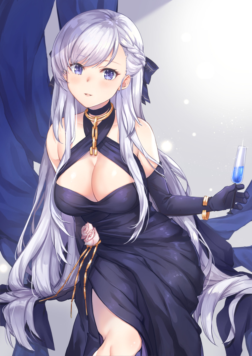 1girl :d alternate_costume azur_lane belfast_(azur_lane) belfast_(the_noble_attendant)_(azur_lane) black_ribbon blush braid breasts cleavage cup dress elbow_gloves gloves hair_ribbon halter_dress halterneck highres holding holding_cup jewelry kon_(k0n16) large_breasts long_hair looking_at_viewer open_mouth purple_eyes ribbon sidelocks silver_hair smile standing