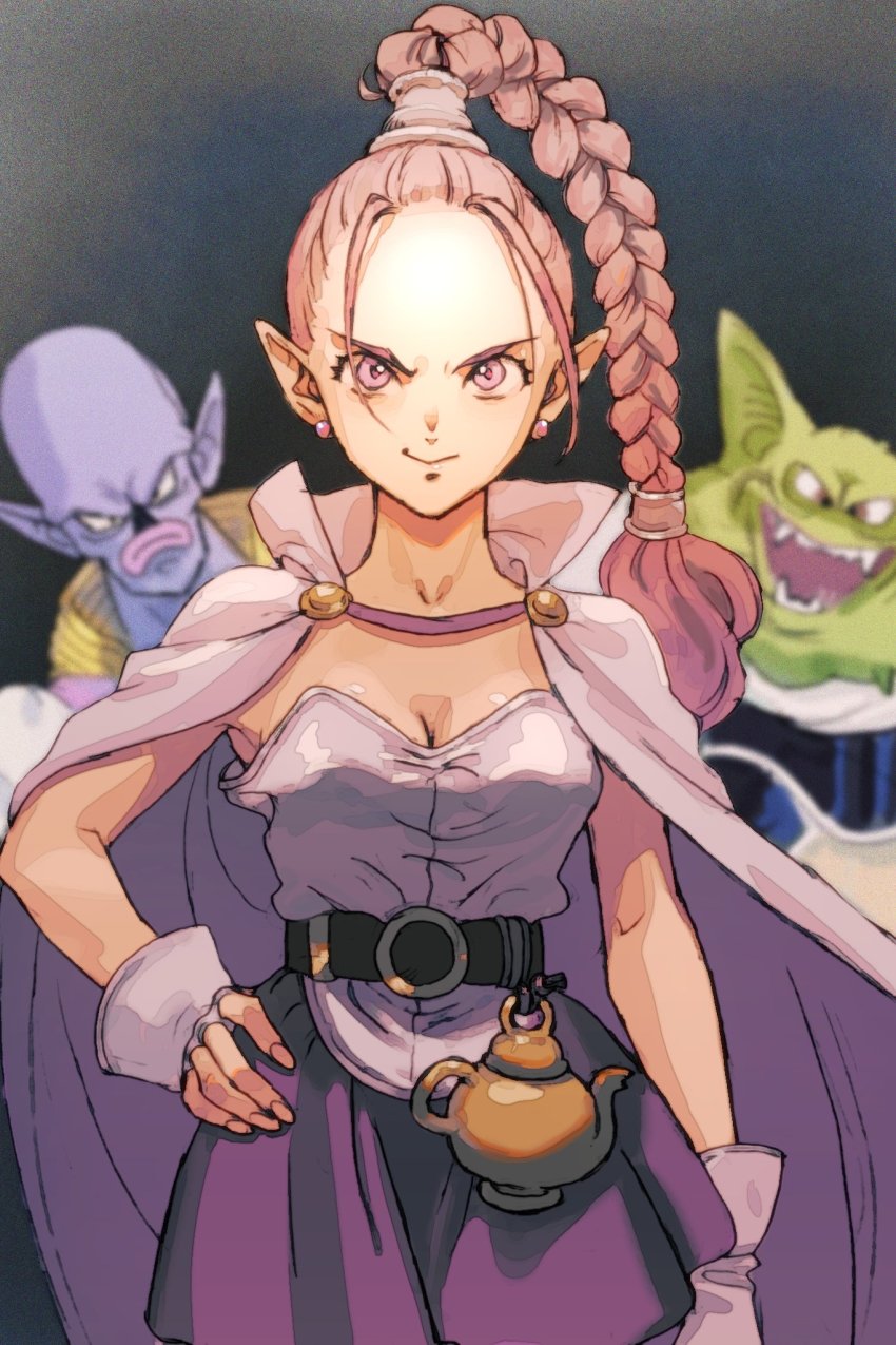 2boys belt braid breasts cape chrono_trigger cleavage closed_mouth fingerless_gloves flea_(chrono_trigger) gloves highres long_hair looking_at_viewer miromari multiple_boys open_mouth ozzie_(chrono_trigger) pink_hair pointy_ears simple_background single_braid skirt slash_(chrono_trigger) smile topknot