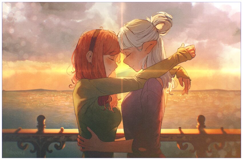 2girls arms_around_neck artist_logo artist_name asimov_(spindle_(aidenr0)) black_hairband blue_dress blue_sky blush border breasts brown_hair closed_eyes cloud cloudy_sky commentary couple dress ear_blush elf face-to-face from_side green_dress grey_sky hair_bun hairband hands_on_another&#039;s_waist heads_together highres horizon light_smile logo long_hair long_sleeves loose_hair_strand medium_breasts multiple_girls ocean orange_sky original ottilie_(spindle_(aidenr0)) pointy_ears railing single_hair_bun sky sleeves_past_wrists smile spindle_(aidenr0) sun_glare sunset symbol-only_commentary upper_body water white_border white_hair yuri