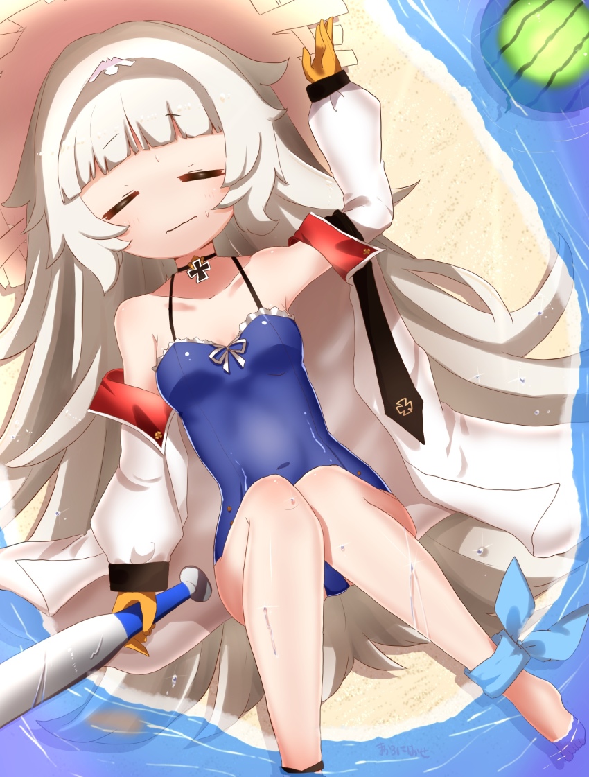 &gt;_&lt; :s azur_lane bandana bare_shoulders baseball_bat beach blue_one-piece_swimsuit blush breasts choker closed_eyes closed_mouth collar collared_jacket commentary_request covered_navel cross multiple_expressions facial_expressions food fruit gloves hat highres holding holding_baseball_bat hugging_own_legs iron_cross jacket knees_up long_hair lying makalo_ni_hakase mole mole_under_eye necktie on_back one-piece_swimsuit open_clothes open_jacket outdoors red_collar sand shiny_skin small_breasts solo straw_hat swimsuit very_long_hair water watermelon wavy_mouth wet wet_clothes white_hair white_jacket yellow_eyes yellow_gloves z46_(azur_lane) z46_(her_first_summer)_(azur_lane)