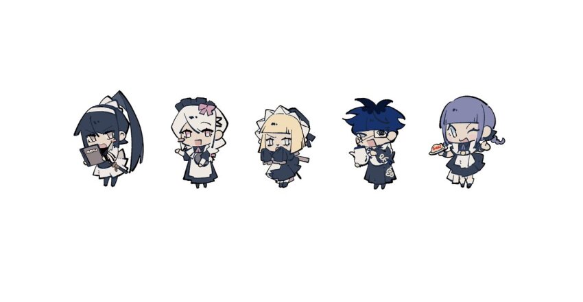 1boy 4girls black_dress black_hair blonde_hair blue_eyes blush chibi chibi_only dress eyepatch grey_eyes holy_jumonji_sword kirifuji_nozomi long_hair looking_at_viewer magadori_kyoshika maid maid_headdress mojiro_moko multiple_girls omokage_yugamu one_eye_closed one_eye_covered oosuzuki_kurara open_mouth pink_eyes ponytail purple_hair simple_background the_hundred_line_-last_defense_academy- white_background white_dress white_hair