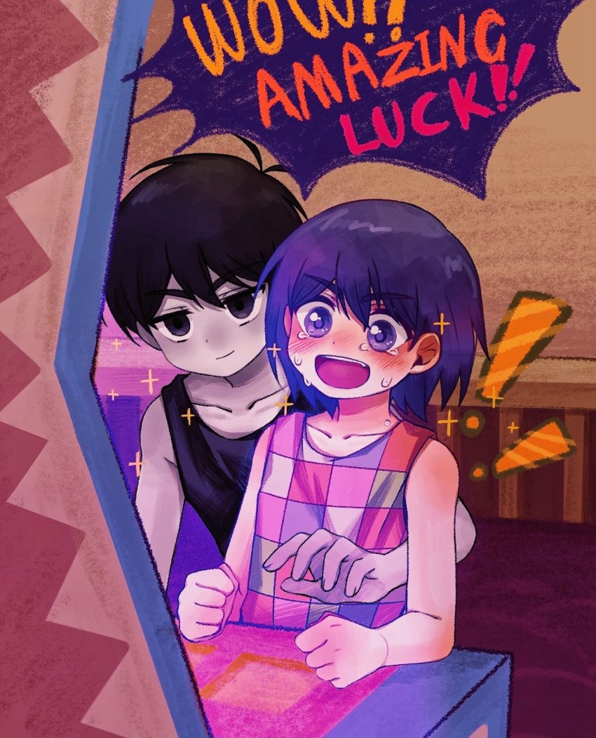 ! !! 2boys black_eyes black_hair blush closed_mouth collarbone colored_skin english_text fang highres kel_(headspace)_(omori) kel_(omori) linglanjunying multiple_boys omori omori_(omori) open_mouth purple_eyes purple_hair short_hair smile speech_bubble tank_top teeth upper_teeth_only white_skin