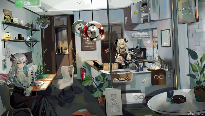 2girls absurdres arknights ashtray baking_sheet black_choker black_dress black_skirt blonde_hair brick_wall brown_shirt cafe ceiling_light chair choker closed_mouth coffee_maker coffee_mug commentary cup cupboard dragon_horns dress enne_kl espresso_machine fire_extinguisher food high-waist_skirt highres holding holding_cup holding_tray horns ifrit_(arknights) indoors long_hair long_sleeves looking_at_viewer lorem_ipsum macaron menu mug multiple_girls orange_eyes plant plate poster_(object) potted_plant rhine_lab_logo sandwich saria_(arknights) shelf shirt short_twintails silver_hair sink sitting skirt spatula table tray twintails white_shirt