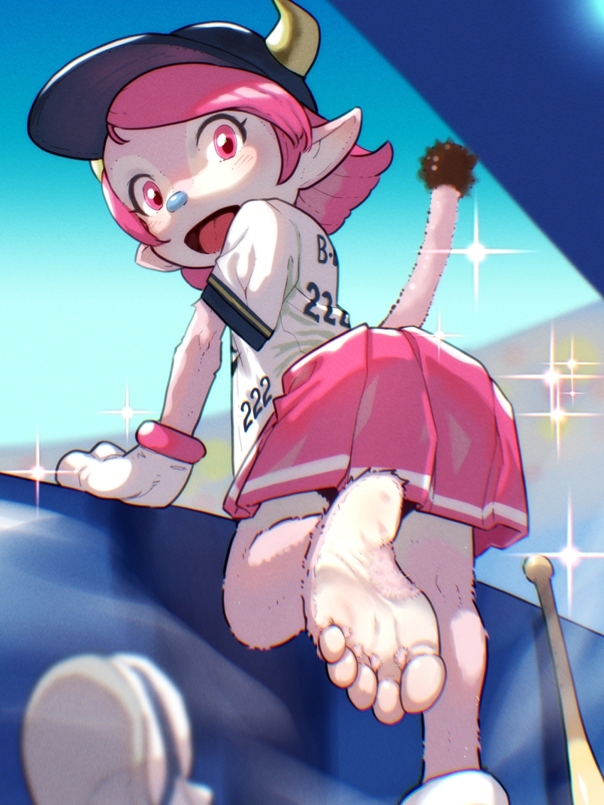 1girl animal_ears bare_legs barefoot baseball_bat baseball_cap baseball_uniform blurry blurry_foreground buffalo_bell cow_ears cow_girl cow_horns cow_tail feet female_focus foot_out_of_frame foot_up foreshortening from_behind gloves hat highres horns looking_at_viewer looking_back nippon_professional_baseball open_mouth orix_buffaloes pink_eyes pink_hair shirt shoes short_hair short_sleeves smile soles solo soon_(c-u-soon) sparkle sportswear tail toes unworn_shoes white_gloves white_shirt