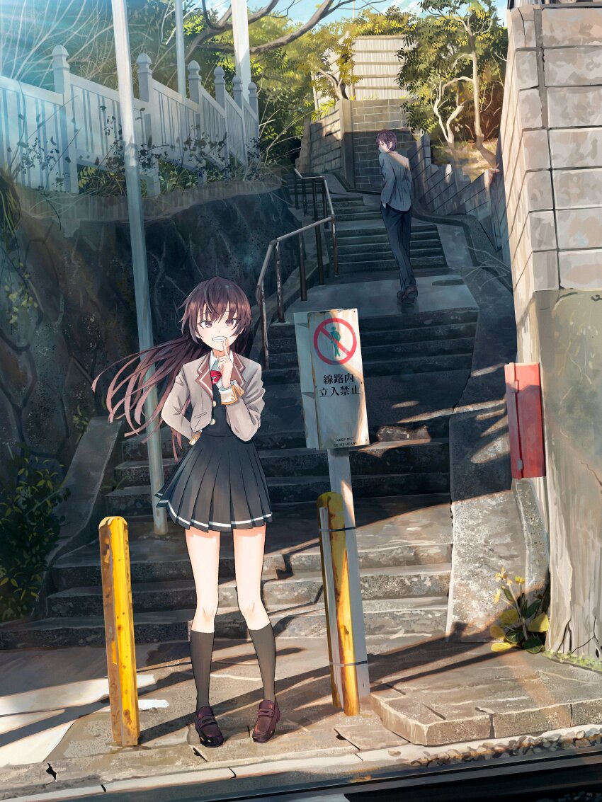 1boy 1girl absurdres banishment black_eyes black_hair black_shirt black_skirt black_vest bow bowtie brown_shoes building buttons commentary_request cropped_jacket fence finger_to_mouth fire_hydrant grey_jacket grin guest_art hand_in_pocket handrail highres jacket kamakura_(city) kneehighs kuze_masachika lapels loafers long_hair long_sleeves looking_at_viewer looking_back no_entry_sign notched_lapels outdoors pants pleated_skirt pole railing red_bow red_bowtie road_sign scenery school_uniform second-party_source seiren_academy_school_uniform shirt shoes short_hair siblings sign skirt smile socks stairs standing suou_yuki tokidoki_bosotto_roshia-go_de_dereru_tonari_no_alya-san tree vest white_shirt wind