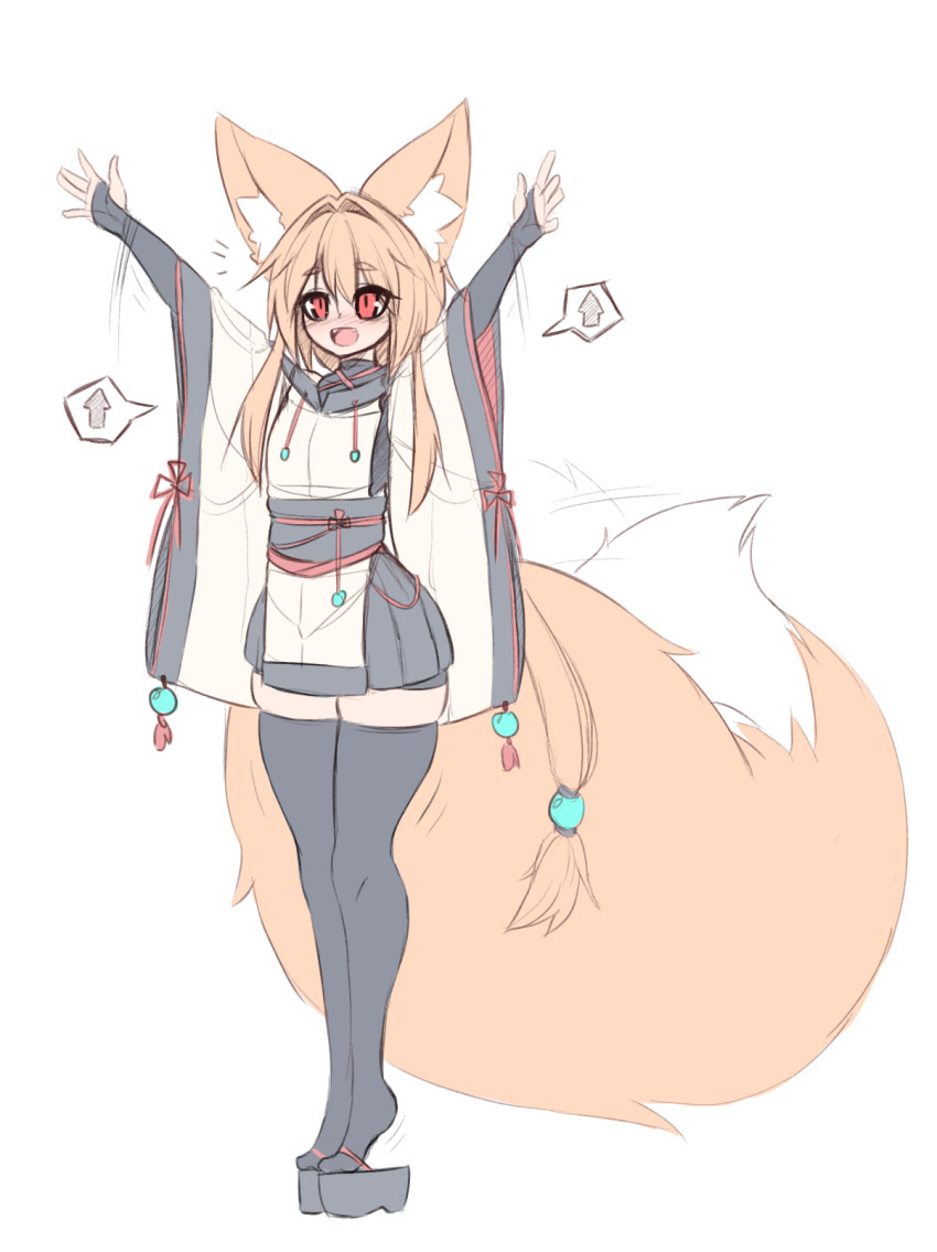 1girl animal_ear_fluff animal_ears blush bridal_gauntlets elbow_gloves flat_chest fox_ears fox_girl fox_tail full_body gloves happy highres japanese_clothes kitsune large_ears large_tail long_hair obi open_mouth original red_eyes red_hair sash sidelocks solo speech_bubble sub-res suzu_(sub-res) tail tiptoes very_long_hair waving_arms white_background wide_sleeves