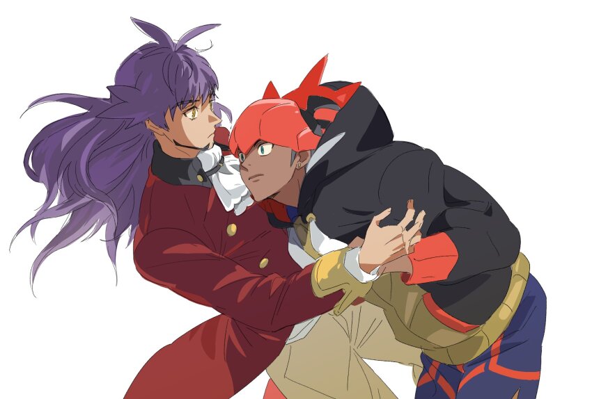 2boys ascot black_hoodie buttons ch_walnut closed_mouth facial_hair headband highres hood hood_down hoodie jacket leon_(pokemon) long_hair long_sleeves male_focus multiple_boys nintendo orange_headband pants pokemon pokemon_swsh purple_hair raihan_(pokemon) red_jacket shorts simple_background tailcoat white_ascot white_background yellow_eyes