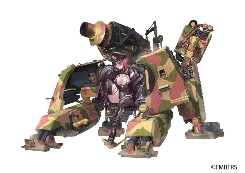 1girl ash_arms black_footwear black_gloves black_hat black_jacket character_request closed_mouth gloves hat high_heels highres jacket knee_up long_hair long_sleeves looking_at_viewer mecha mole mole_under_mouth open_clothes open_jacket pink_hair robot simple_background sitting solo suzuno_(bookshelf) thick_thighs thighs white_background yellow_eyes
