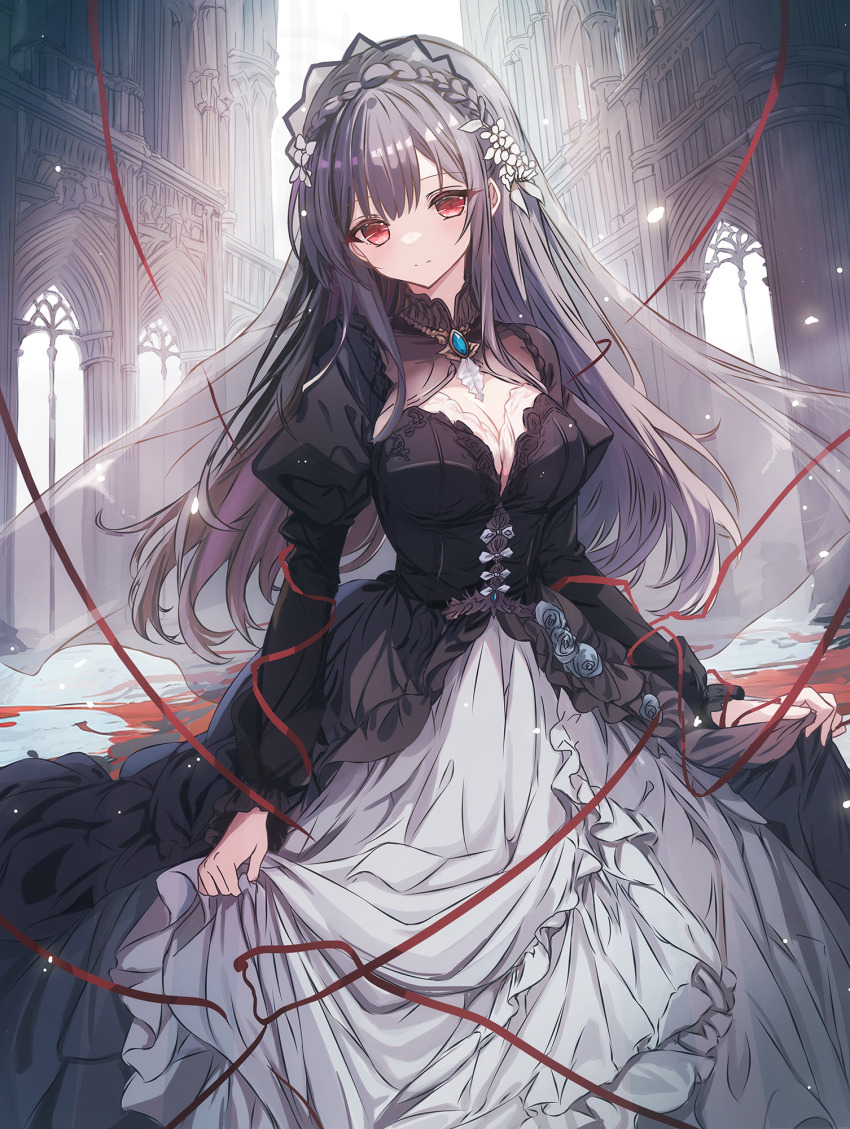 1girl black_dress black_hair blood blue_flower blush braid breasts bridal_veil cathedral cleavage closed_mouth commentary_request commission crown_braid cutlass_(classic_chocolate) dress flower hair_flower hair_ornament highres indoors juliet_sleeves large_breasts long_dress long_hair long_sleeves looking_at_viewer original pixiv_commission puffy_sleeves red_eyes skirt_hold solo string string_of_fate veil wedding_dress white_flower