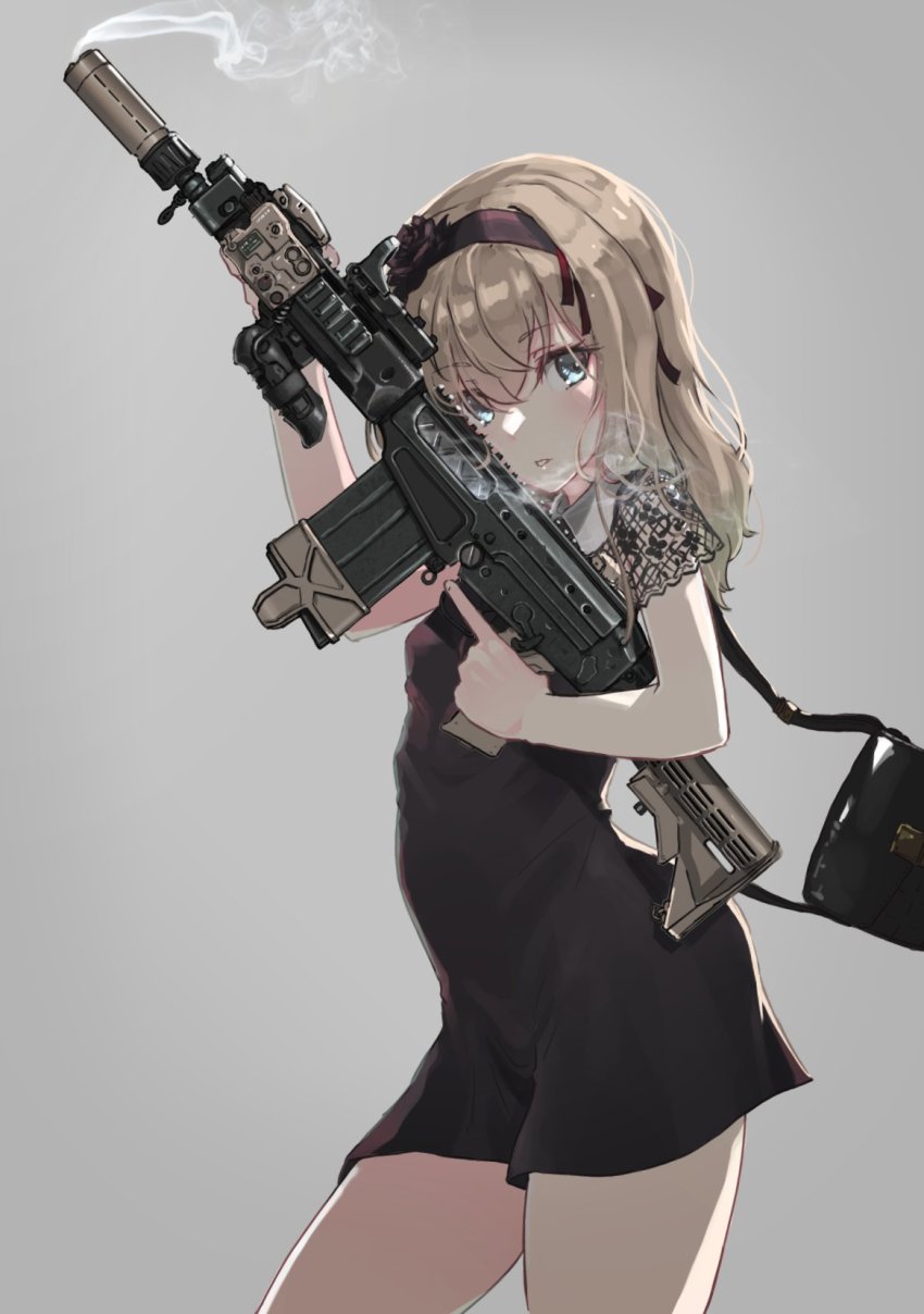 1girl bag black_dress blonde_hair blue_eyes blush collar collared_dress cowboy_shot dress female_focus gun hair_ribbon hairband handbag highres holding holding_gun holding_weapon lace lace_sleeves looking_at_viewer oota_youjo original ribbon rifle short_dress short_sleeves sight smoke smoking_barrel solo standing trigger_discipline weapon