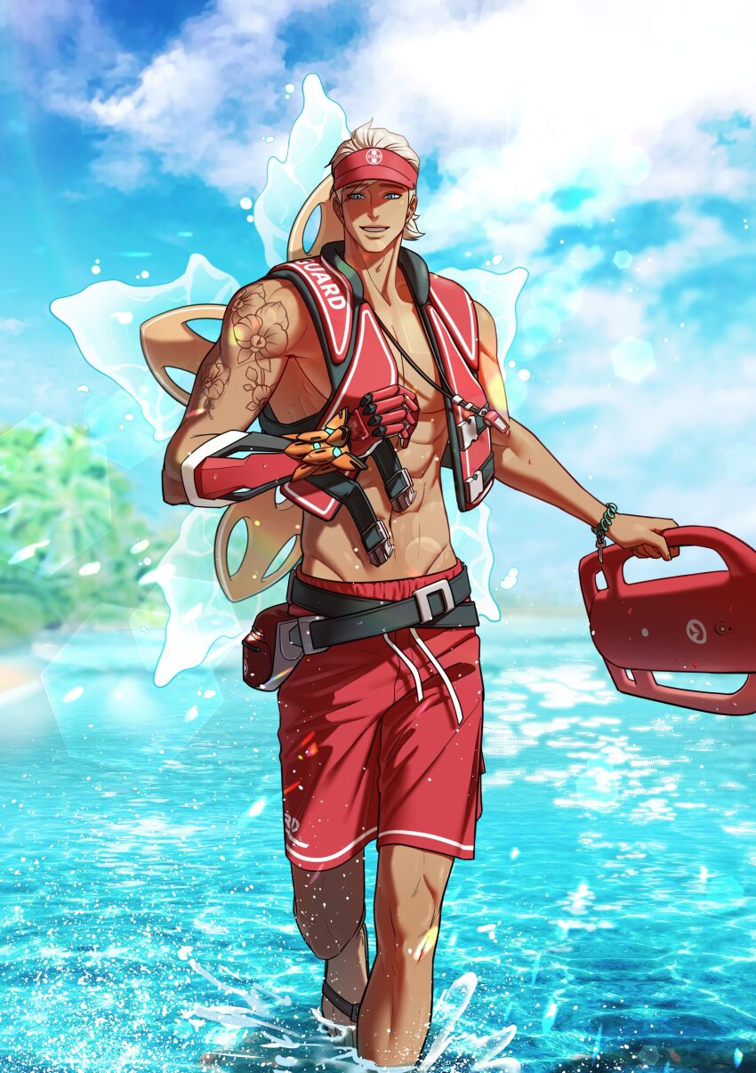 abs absurdres arm_tattoo arm_up bare_pectorals belt belt_buckle black_belt blonde_hair blue_eyes bracelet buckle cloud collarbone commentary_request flower_tattoo gasso_ow grin hair_slicked_back hat highres holding jewelry key korean_commentary life_vest lifeguarder_lifeweaver lifeweaver_(overwatch) light_particles looking_at_viewer male_swimwear ocean outdoors overwatch overwatch_2 pectorals prosthesis prosthetic_arm red_hat red_male_swimwear red_swim_trunks sky smile summer swim_trunks tattoo teeth toned toned_male tree v-taper visor_cap water water_drop water_wings whistle whistle_around_neck wings