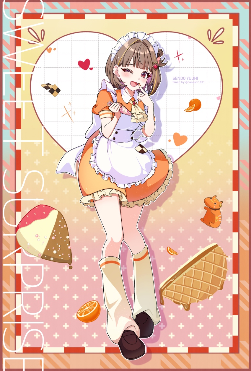 1girl absurdres apron ascot blonde_hair blush brown_hair brown_shoes character_name fang food fruit full_body hair_ornament hana_s heart highres holding looking_at_viewer loose_socks maid maid_headdress multicolored_hair one_eye_closed open_mouth orange_(fruit) orange_eyes orange_shirt sendo_yuuhi shirt shoes skin_fang socks solo streaked_hair twitter_username two-tone_hair virtual_youtuber vspo! waist_apron