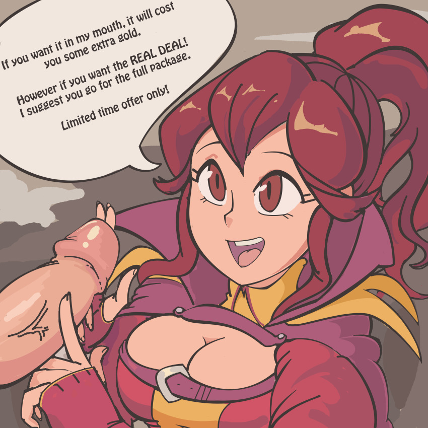 1boy 1girl absurdres anna_(fire_emblem) breasts cleavage cleavage_cutout clothed_female_nude_male clothing_cutout davewaterfalls english_text fire_emblem fire_emblem_awakening gloves highres medium_breasts nintendo nude open_mouth penis penis_grab poking poking_penis ponytail prostitution red_eyes red_hair smile talking