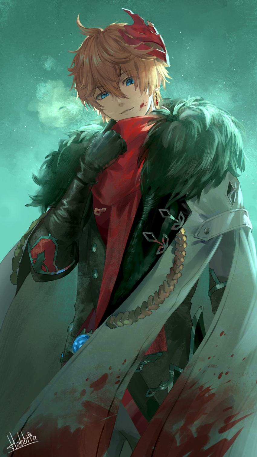 1boy black_gloves blonde_hair blue_eyes coat earrings fur-trimmed_coat fur_trim genshin_impact gloves hair_between_eyes hebbtia highres jacket jewelry long_sleeves male_focus mask mask_on_head orange_hair scarf short_hair single_earring smile tartaglia_(genshin_impact)