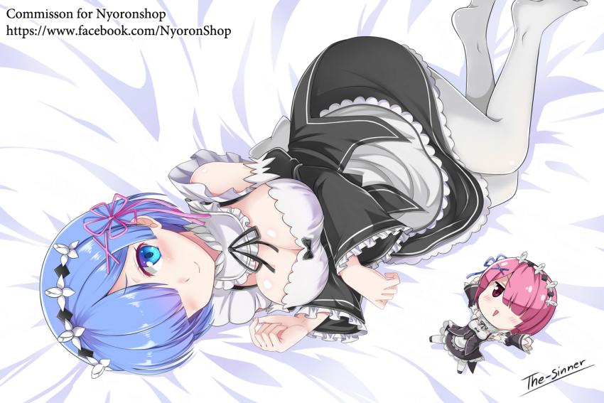 10s 2016 2girls artist_name bare_shoulders bed_sheet blue_eyes blue_hair blush breasts cleavage commission dakimakura_(medium) female_focus full_body hair_ornament hair_ribbon large_breasts looking_at_viewer maid maid_headdress matching_hair/eyes multiple_girls pink_eyes pink_hair ram_(re:zero) re:zero_kara_hajimeru_isekai_seikatsu rem_(re:zero) ribbon roswaal_mansion_maid_uniform short_hair siblings sisters smile the-sinnerz thighhighs twins x_hair_ornament