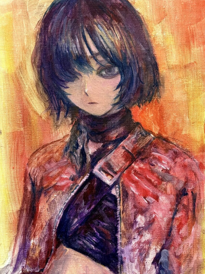 1girl absurdres closed_mouth grey_eyes hair_over_one_eye highres jacket looking_to_the_side lui_n24 midriff orange_background original parted_bangs purple_hair purple_scarf purple_shirt red_jacket scarf shirt short_hair solo traditional_media upper_body