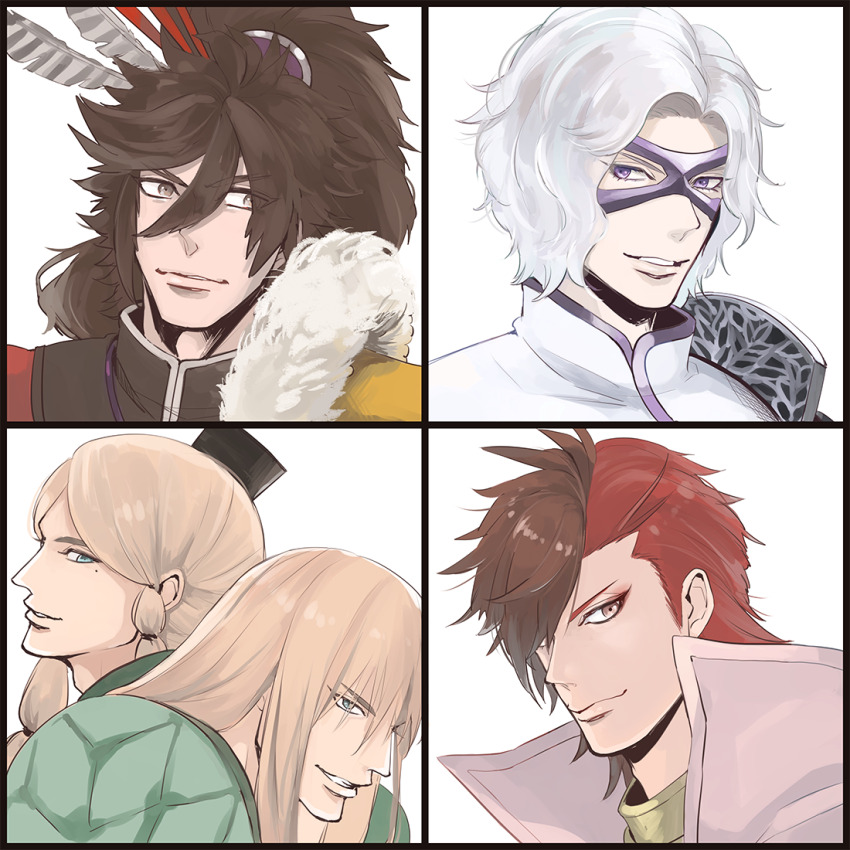 5boys aqua_eyes black_border blonde_hair border brown_eyes brown_hair dual_persona grin hair_between_eyes long_hair looking_at_viewer maeda_keiji_(sengoku_basara) male_focus mask mole mole_under_eye multicolored_hair multiple_boys ponytail portrait purple_eyes red_eyes red_hair sen_no_rikyuu_(sengoku_basara) sengoku_basara shima_sakon_(sengoku_basara) short_hair simple_background smile takenaka_hanbee_(sengoku_basara) two-tone_hair white_background white_hair yori_(ito_haruki)