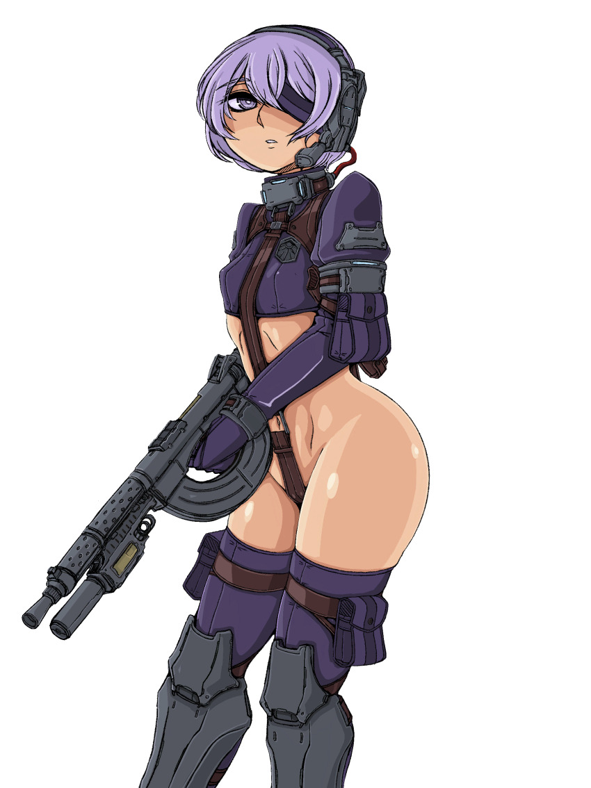 1girl arm_pouch armor armored_boots ass assault_rifle black_bow boots bow crotch_strap doekuramori female_focus gloves greaves gun hair_between_eyes headgear holding holding_gun holding_rifle holding_weapon holster martyr_(the_citadel) matching_hair/eyes official_art one_eye_covered open_mouth pouch purple_eyes purple_gloves purple_hair rifle solo solo_focus standing the_citadel thigh_pouch thigh_strap thighhighs transparent_background weapon
