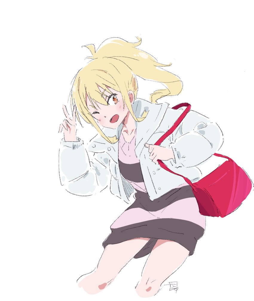 1girl ;d bag blonde_hair blush casual collarbone commentary_request dress gyaru highres jacket long_sleeves love_live! love_live!_nijigasaki_high_school_idol_club love_live!_nijigasaki_high_school_idol_club_the_movie_-_finale marusaku_(sitappa39) miyashita_ai official_alternate_costume one_eye_closed open_clothes open_jacket open_mouth orange_eyes pink_dress pink_sweater ponytail red_bag short_dress shoulder_bag sidelocks simple_background smile solo striped_clothes striped_dress striped_sweater sweater sweater_dress v-shaped_eyebrows white_background white_jacket