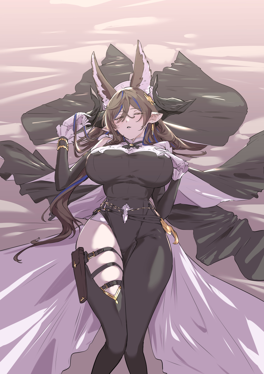 1girl absurdres animal_ears bare_shoulders black_dress black_thighhighs breasts brown_hair closed_eyes detached_sleeves dress extra_ears galleon_(granblue_fantasy) gloves granblue_fantasy highres horns large_breasts long_hair lying mogi_yasunobu multicolored_hair on_back pelvic_curtain pointy_ears solo streaked_hair swept_bangs thigh_strap thighhighs thighs two-tone_dress white_dress white_gloves