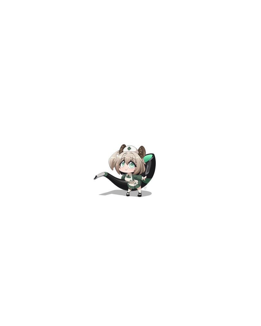 1girl absurdres apron breasts brown_hair c: chibi chibi_only closed_mouth collared_dress commentary_request dress green_dress green_eyes highres holding holding_smoking_pipe indie_virtual_youtuber large_breasts long_sleeves maid_apron medium_hair negative_space nimi_nightmare one_side_up oversized_object ryou_sakai short_dress simple_background smile smoking_pipe solo spanish_commentary tapir_girl thighhighs virtual_youtuber white_apron white_background white_thighhighs