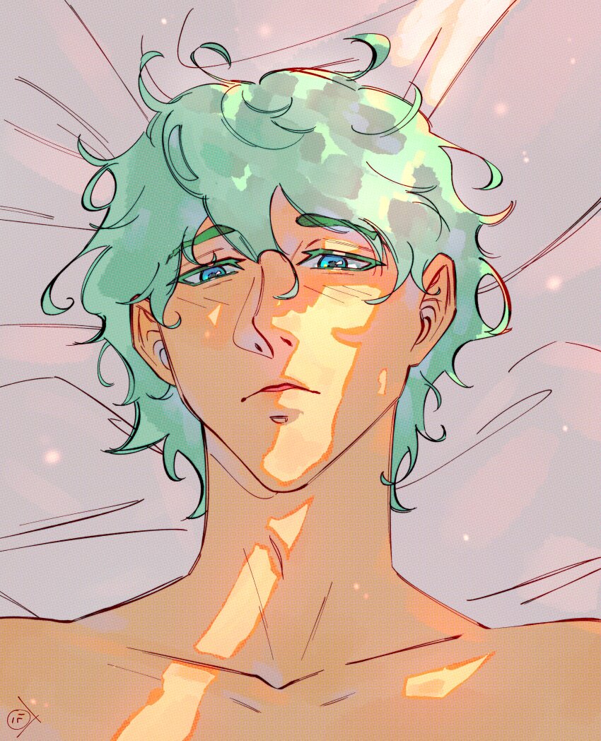 1boy absurdres collarbone cove_holden curly_hair green_eyes green_hair highres horizontal_spotlight light_particles looking_at_viewer lying male_focus on_back on_bed open_mouth our_life:_beginnings_and_always sadlad03 short_hair solo sunlight upper_body